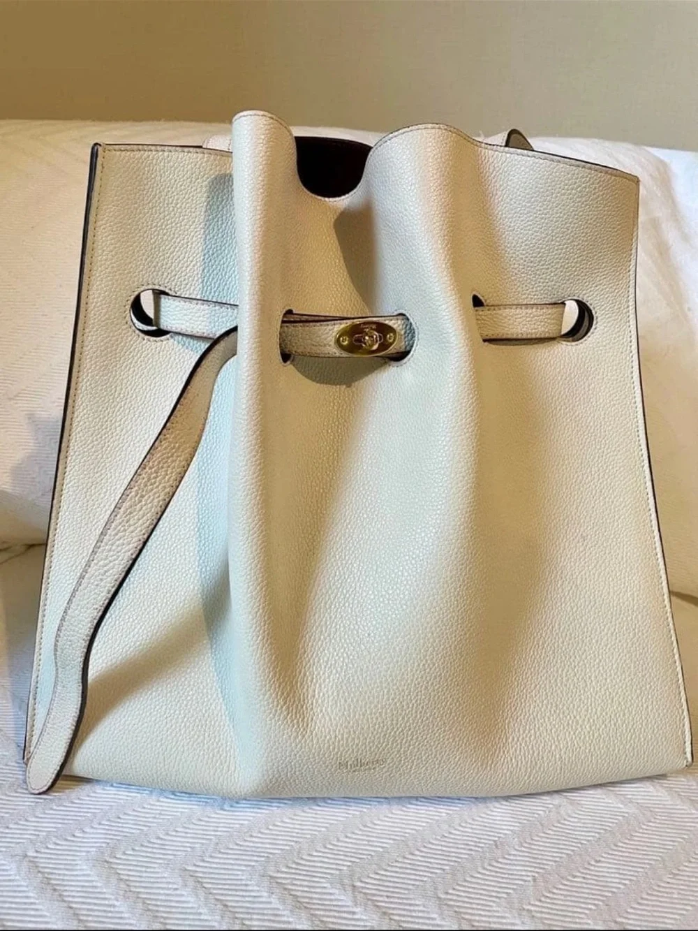 Mulberry Cream Leather Drawstring Tote with Gold-Tone Lock